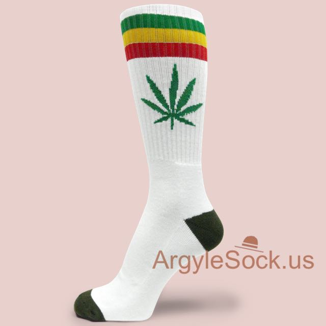Green Yellow Red Rasta Color Marijuana Weed Leaf White Socks