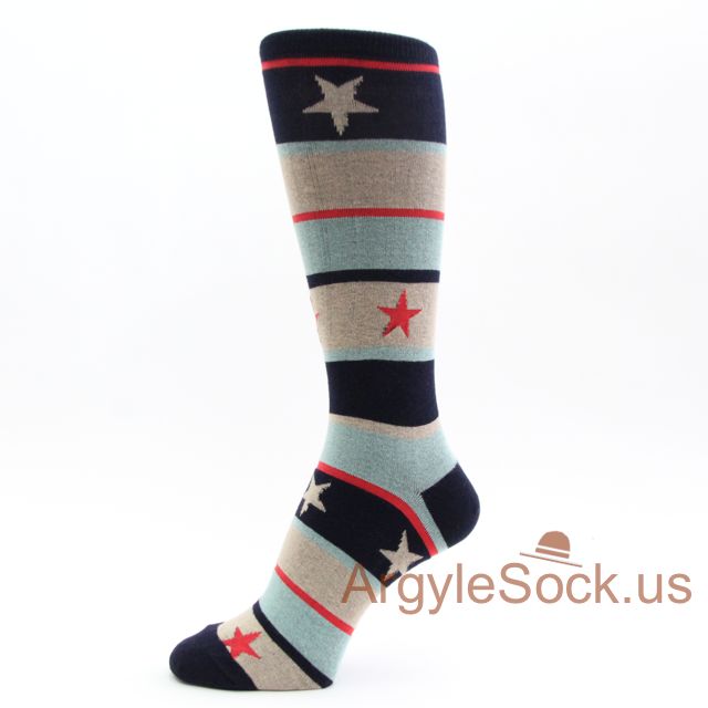 Red and Tan Stars Striped Navy Blue/Midnight Blue Mans Socks