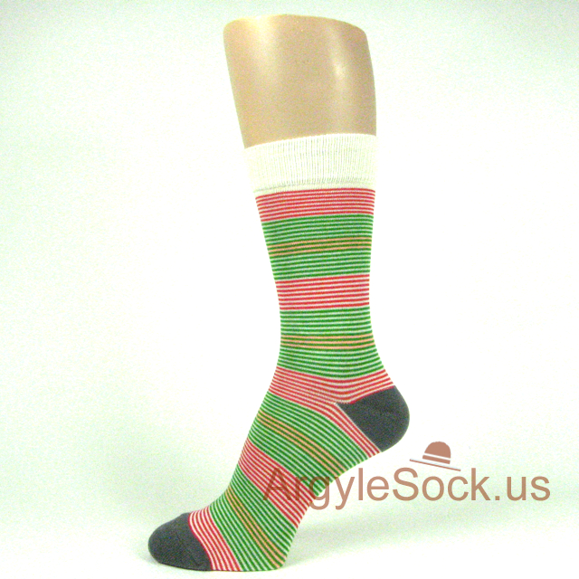 Red & Green Thin Zigzag Stripes on White Mens Sock with Gray Toe