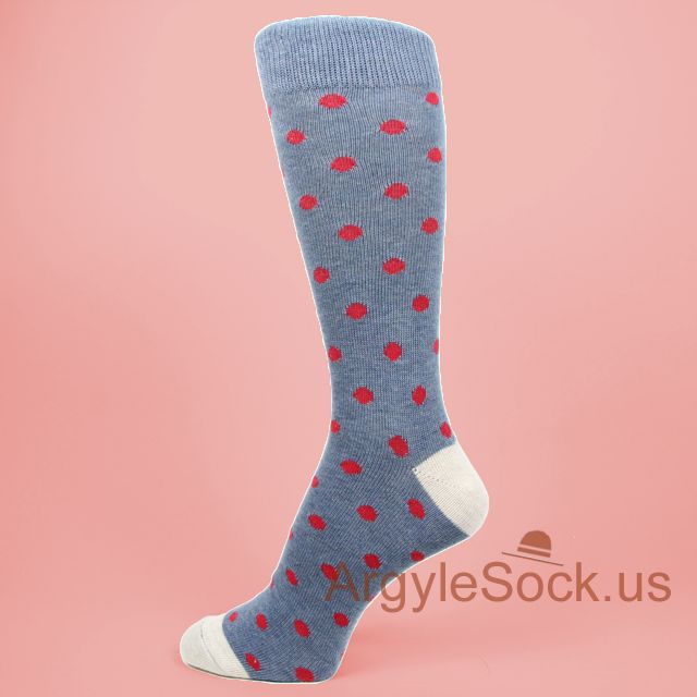 Heather Grayish Blue with Chinese Red Polka Dots Mens Dress Sock