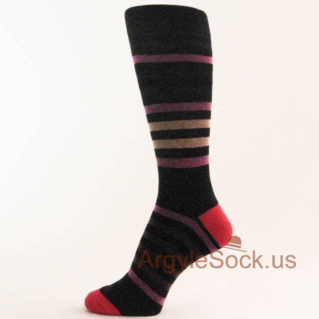Red Purple Brown Stripes on Black Mens Socks