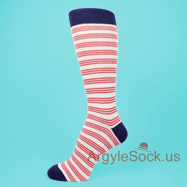 Red White Striped Men's Socks with Navy Blue/Midnight Blue Toe