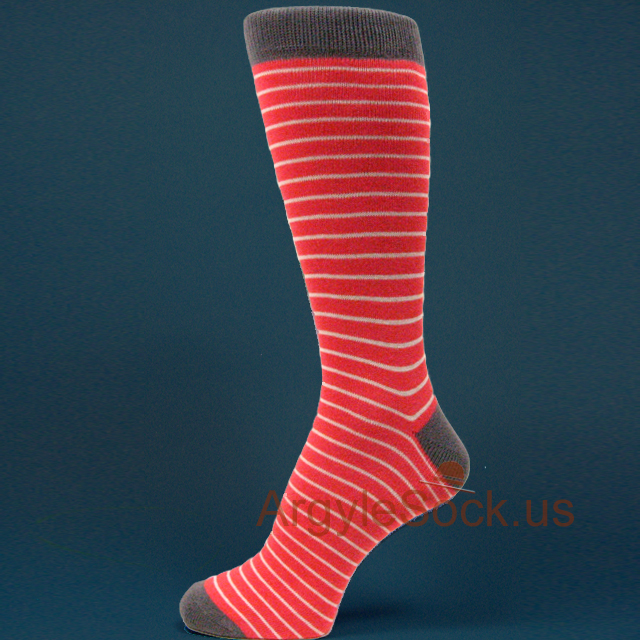 Red with Thin White Stripes Charcoal Grey Welt Mans Dress Socks