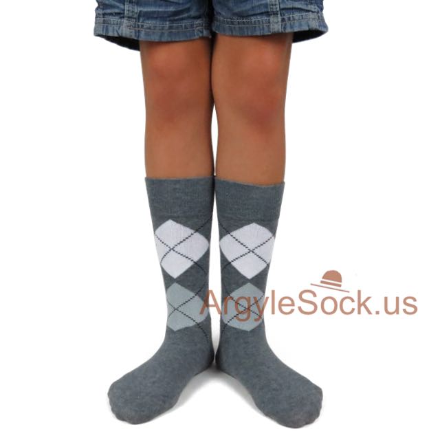 Dark Grey, Light Gray and White Argyle Junior Groomsmen's Socks