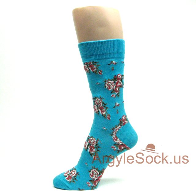 Rose Pattern Turquoise Dress Socks for Men