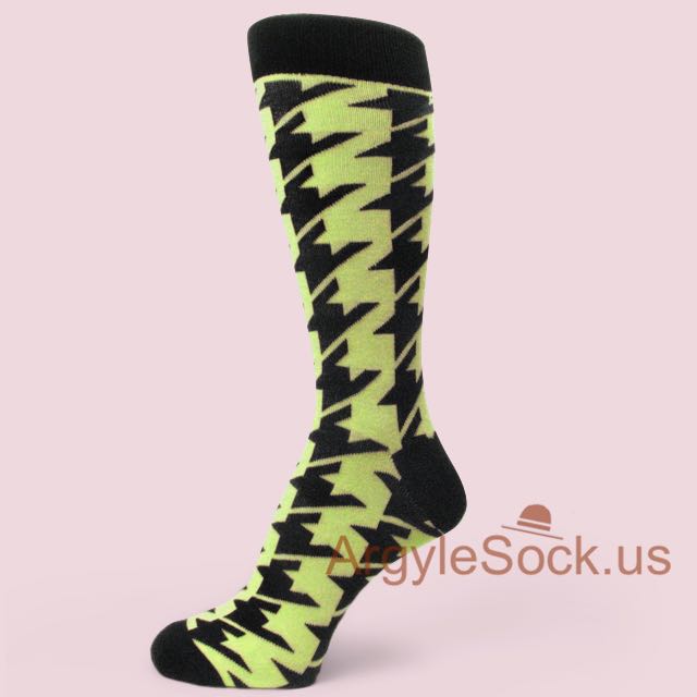 Safety Neon Yellowish Green Houndstooth Pattern Dress Socks for