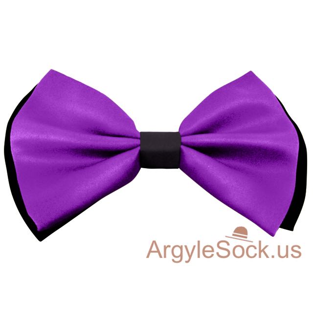 Shiny Purple / Black Bow Tie with elastic back strap for Grooms
