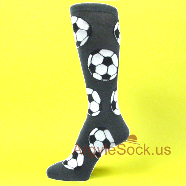 Soccer Balls design Charcoal Dark Gray Grey Dress Socks for Men