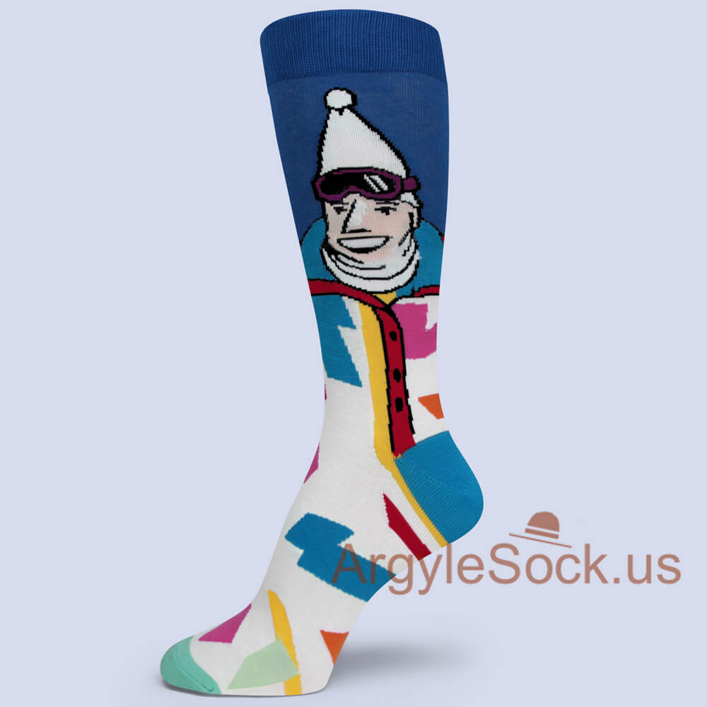 Blue White Yellow Pink Skier Design Cotton Men's Socks