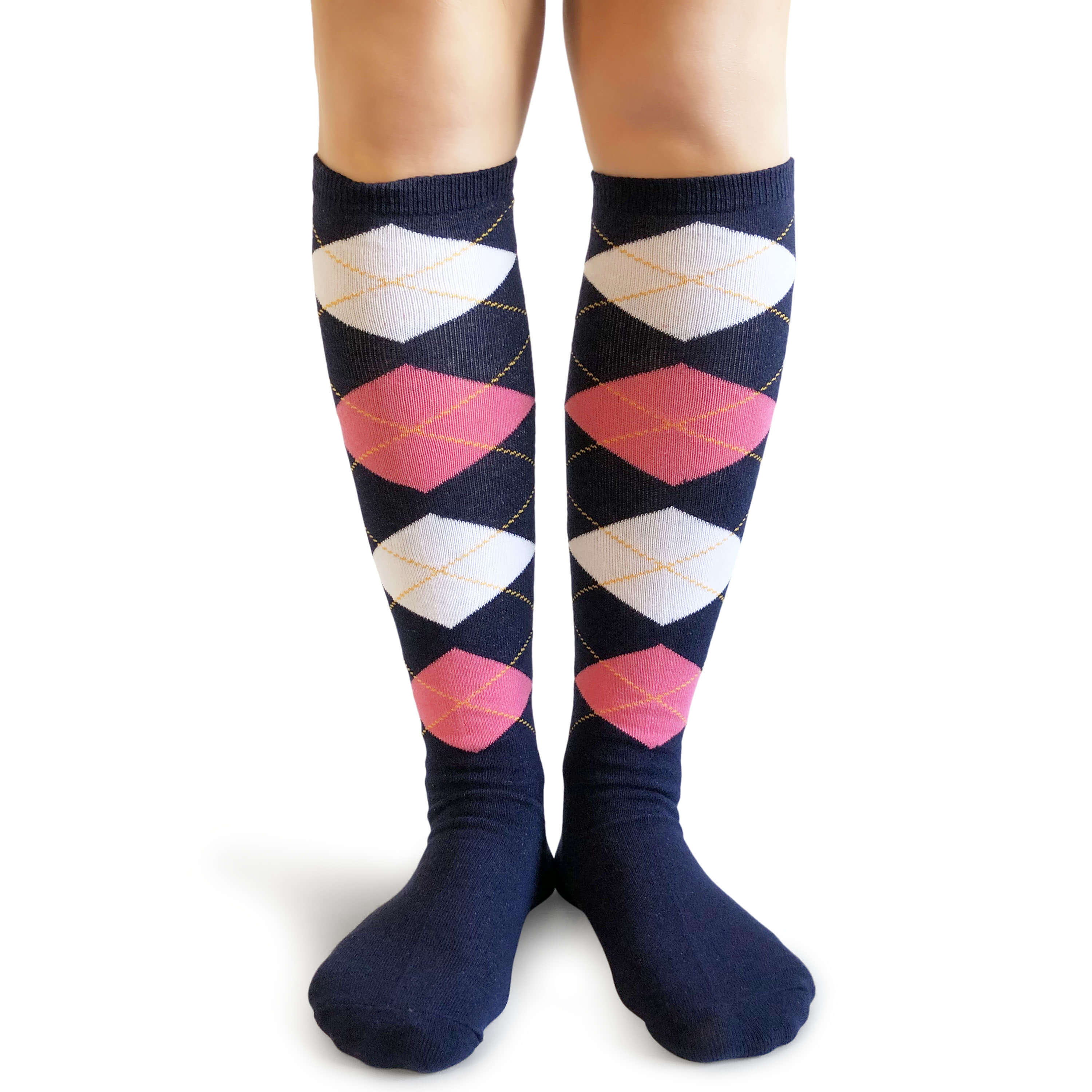 Pink White Navy Premium Quality Argyle Knee High Socks