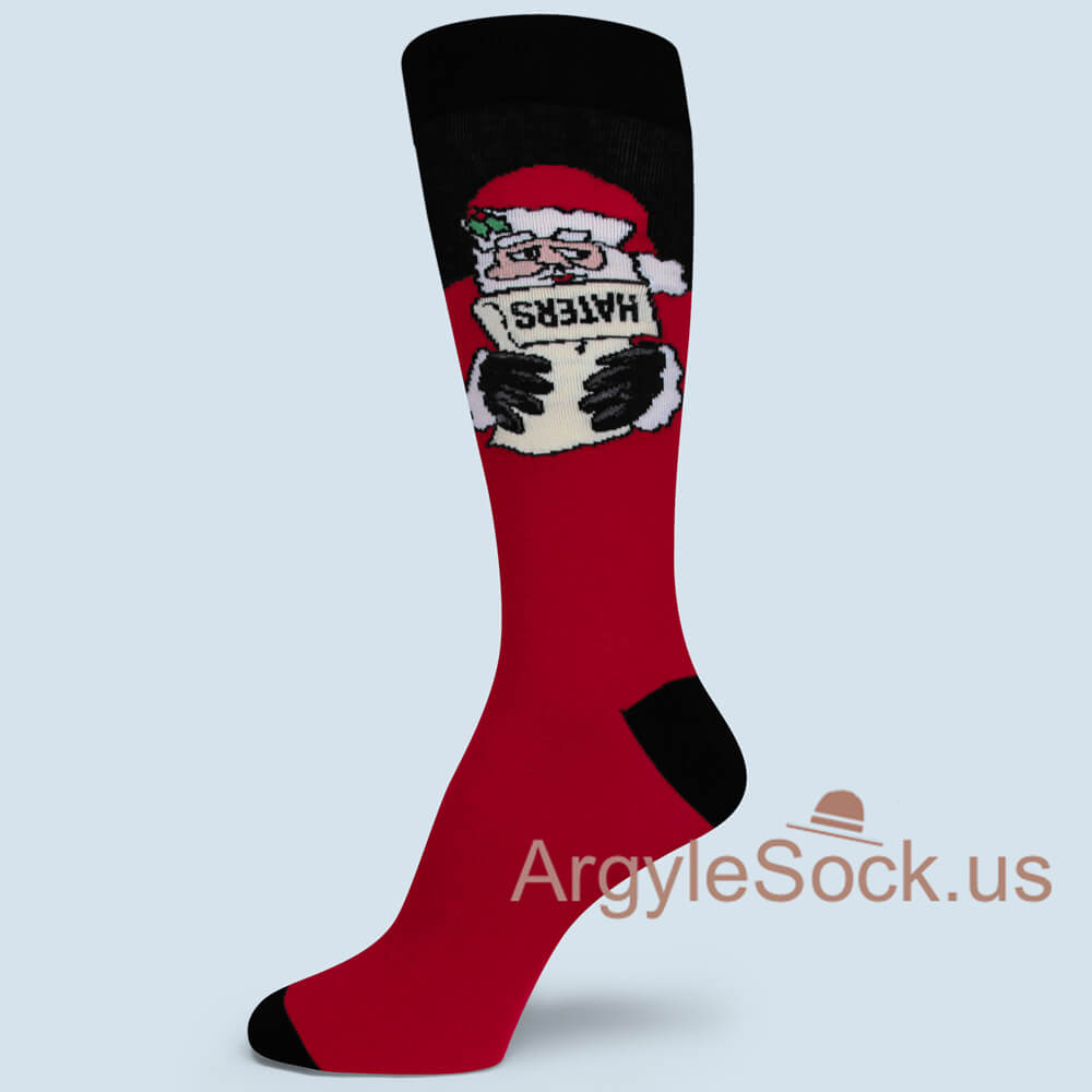 Red Santa with Haters Text Black Toe and Heels Socks