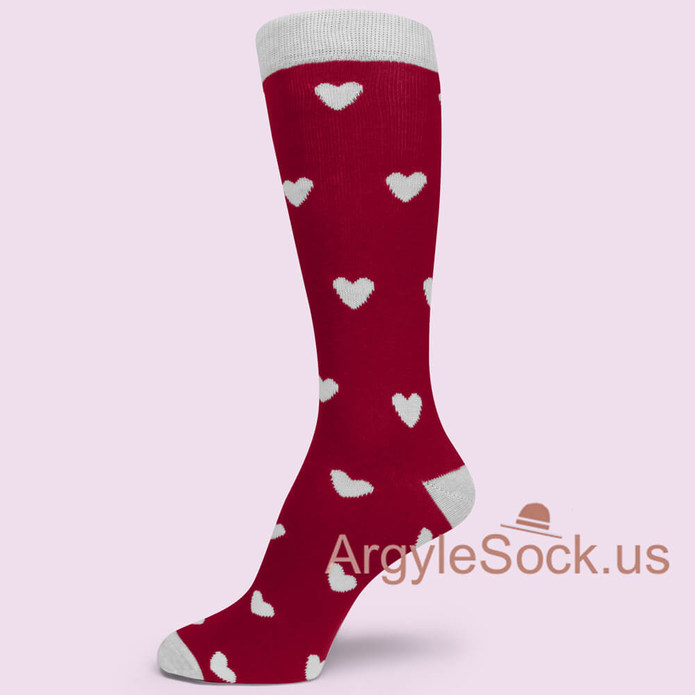 Cute White Hearts on Red Valentine Theme Mans Socks
