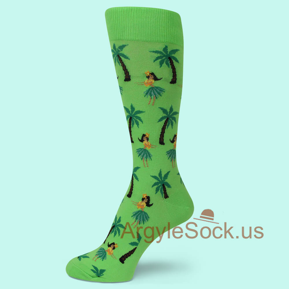 Neon Green with Hula Girls Polynesian Palm Tree Theme Mans socks