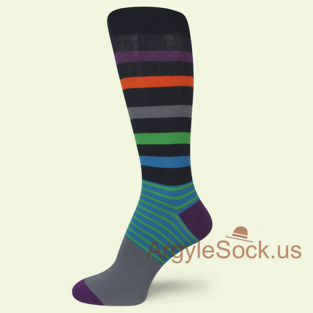 Black with Puple Heel and Toe Striped Men's Socks