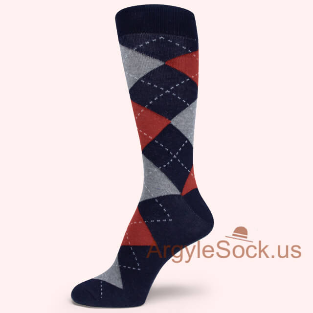 Navy Chinese Red Gray Argyle Sock