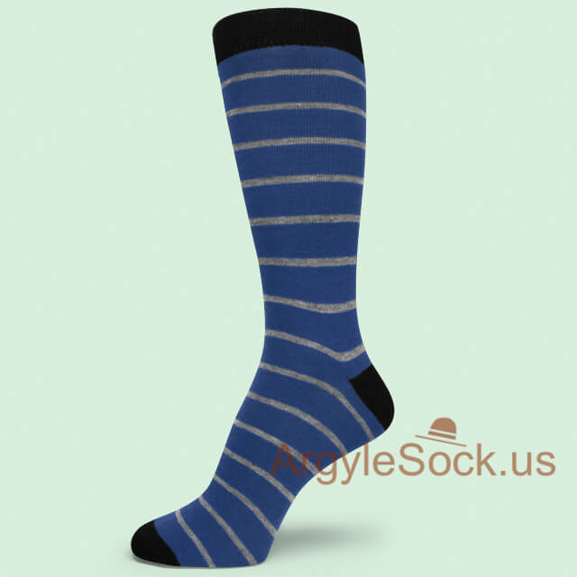 Blue Grey Gray Striped Mans Socks with Black Toe & Heel