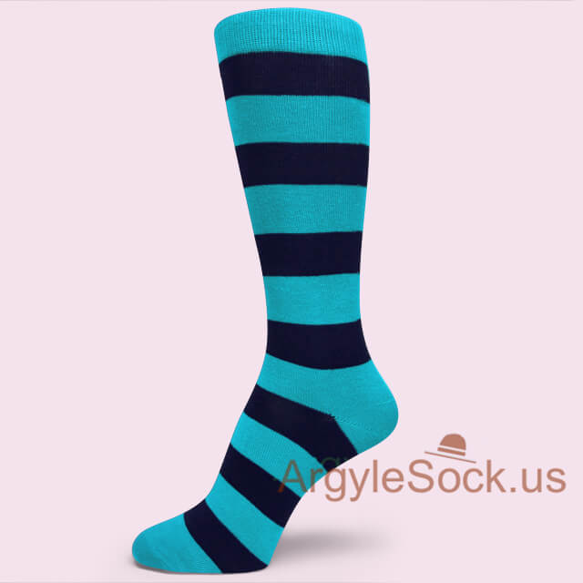 Bright Blue and Black Striped Men's Dress Socks