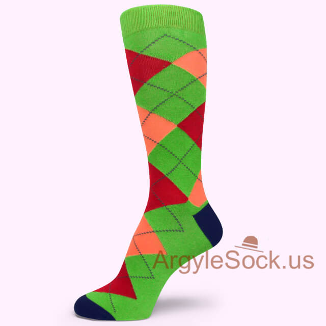 Bright Green with Peach and Red Argyle Socks for Man