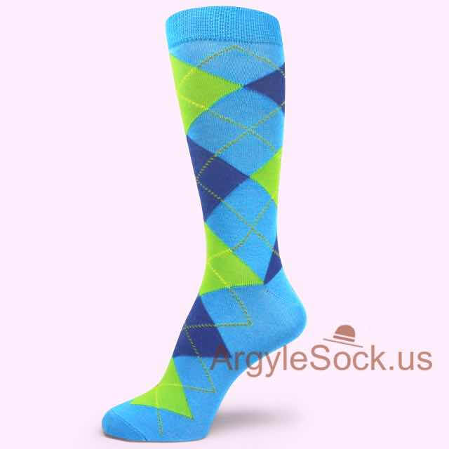 Bright Lime Green Blue Skyblue Argyle Socks for Man