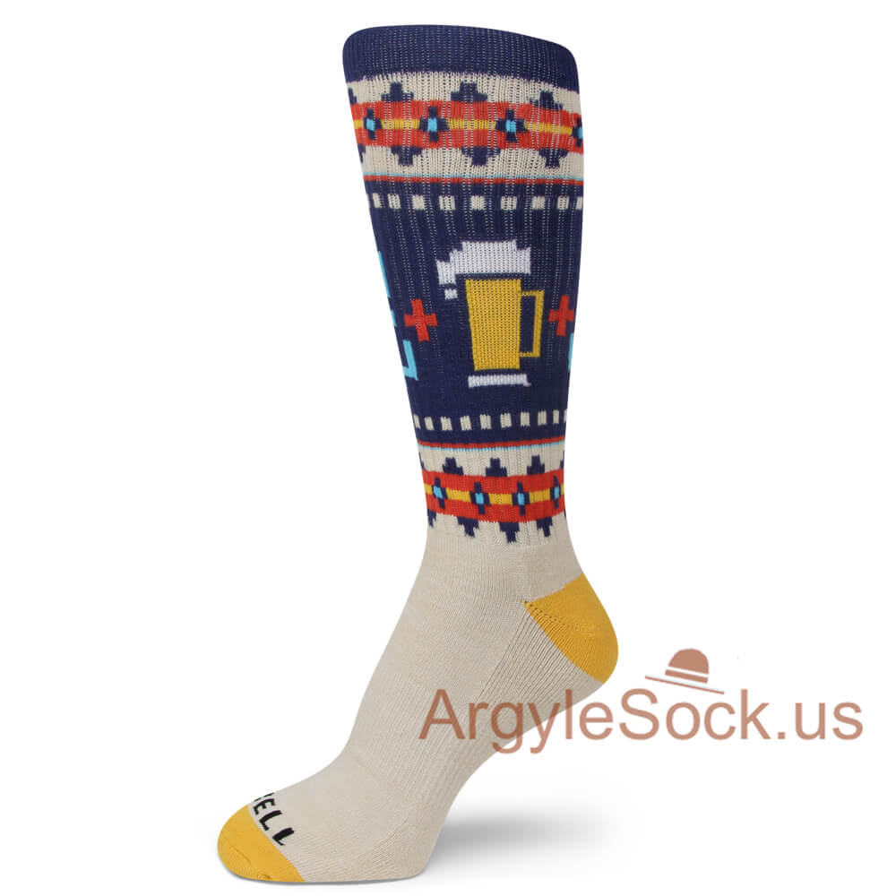 Fair Isle Knitting Beer Socks with Yellow Toe & Heel