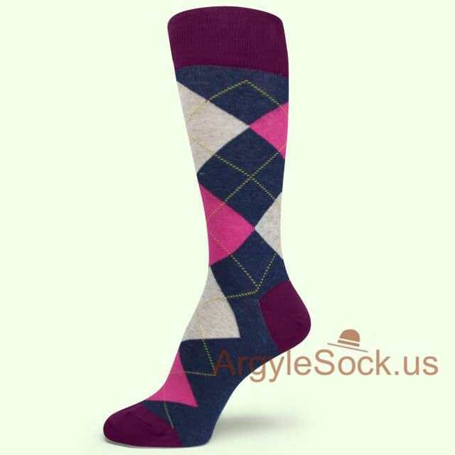 Heather Dark Blue/Navy Neon Pink Argyle Sock with Plum Toe