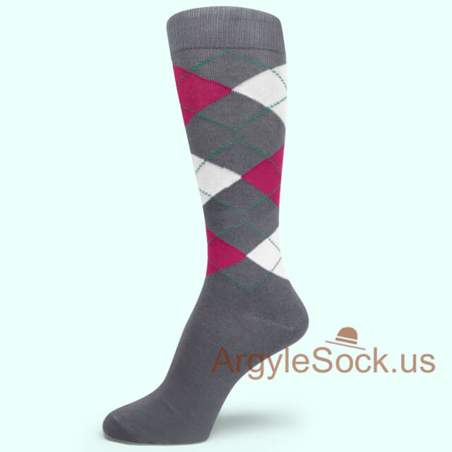 Hot Pink White Charcoal Gray Mens/Groomsmen Dress Socks
