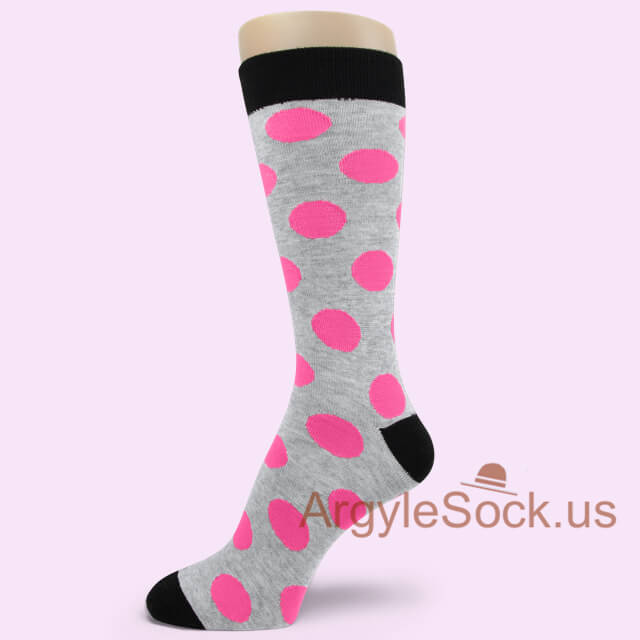 Large Neon Pink Polka Dots Heather Grey Socks for Men