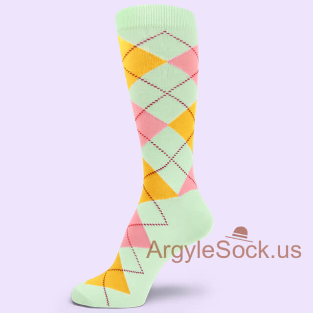Very Light Mint with Gold Yellow and Pink Argyle Sock for Man