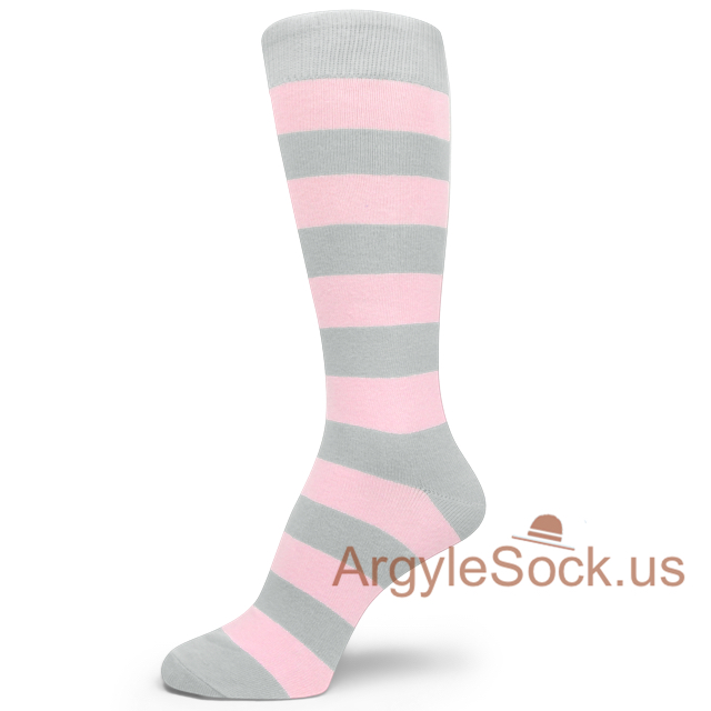 Light Pink & Gray Mid Size Stripe Groomsmen/Mens Dress Socks