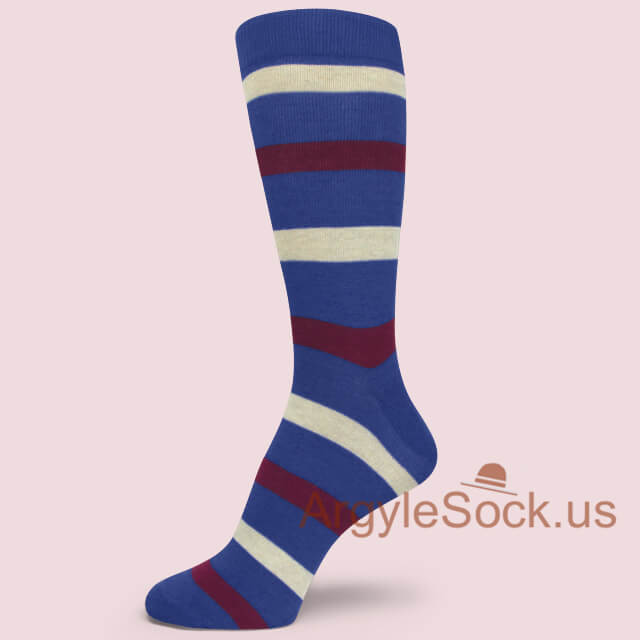 Maroon Heather White Blue Striped Dress Socks for Man