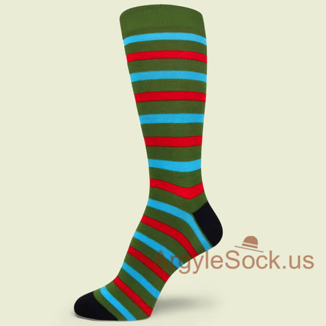 Moss Green with Red and Sky Blue Stripes Mens Dress Socks
