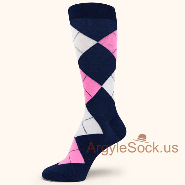 Navy Pink White Argyle Socks for Man