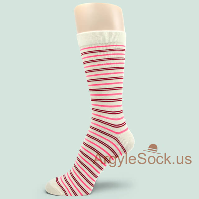 Neon Pink Red Thin Stripes Off White Socks for Men
