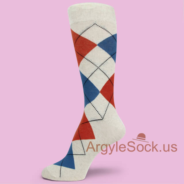 Off White Marble with Chinese Red and Blue Argyle Sock