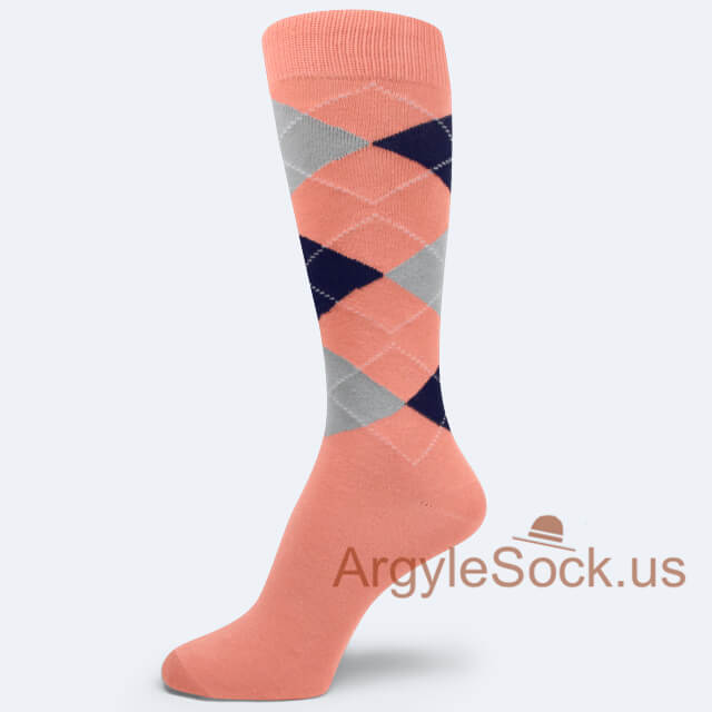 Light Grey Navy Peach Groomsmens/Mens Argyle Dress Socks