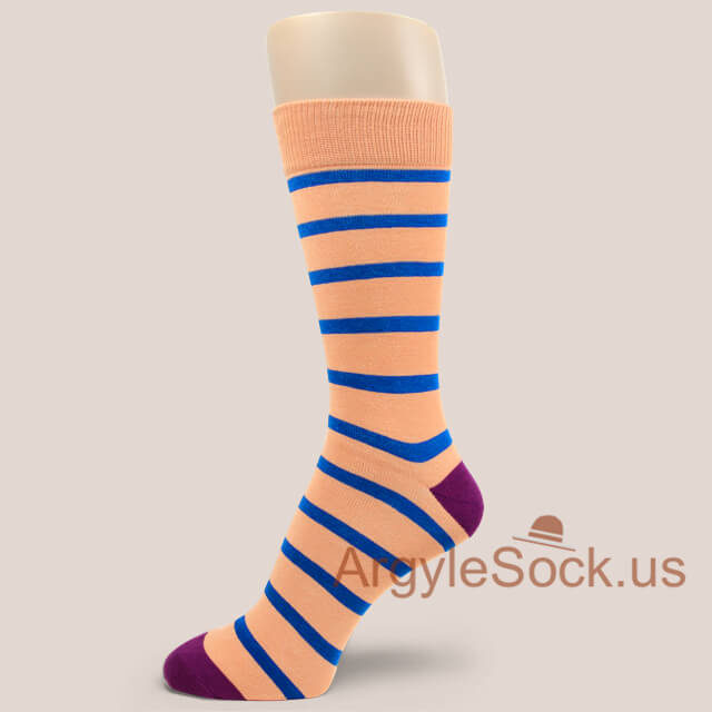 Light Peach Royal Blue Striped Sock with Purple Toe