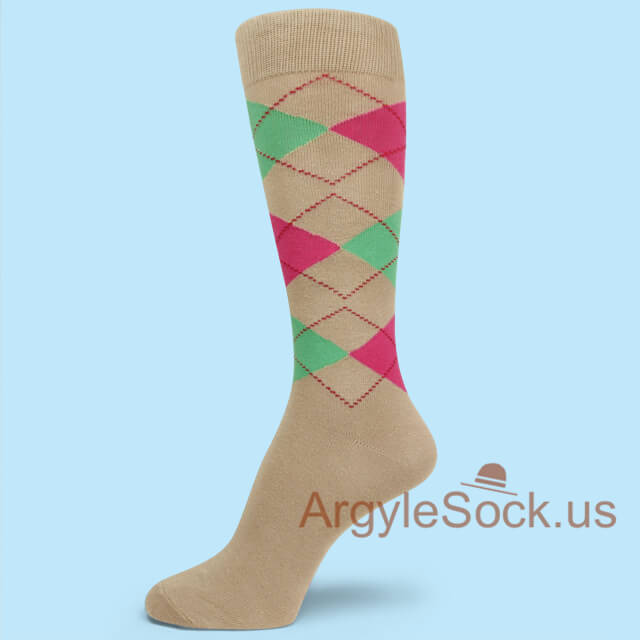 Bright Pink Mint Beige/Khaki Groomsmen Men's Argyle Socks