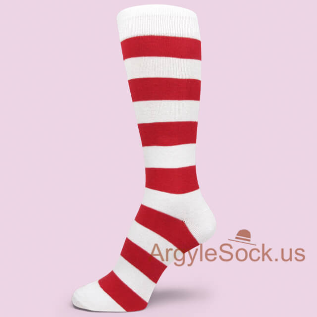 Red and White Mid-Stripes Groomsmen/Mens Dress Socks