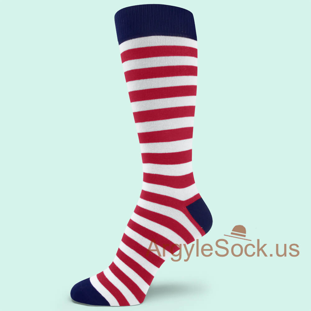 Red & White Striped Man's Sock with Navy Blue Toe, Heel and Welt