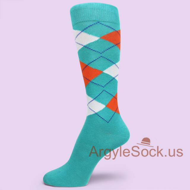 Soft Turquoise/Sky Blue Orange White Blue Argyle Socks