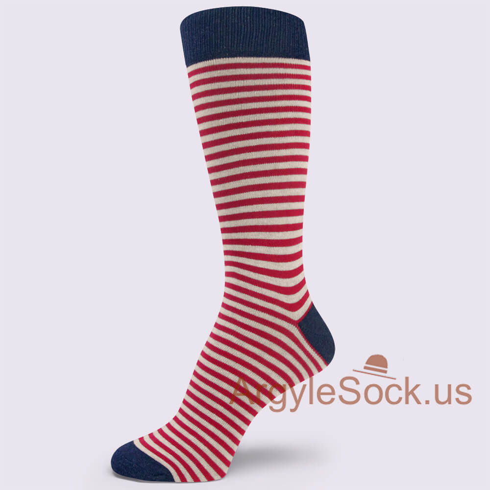 White Red Very Thin Striped Man's Sock with Navy Toe Heel Welt