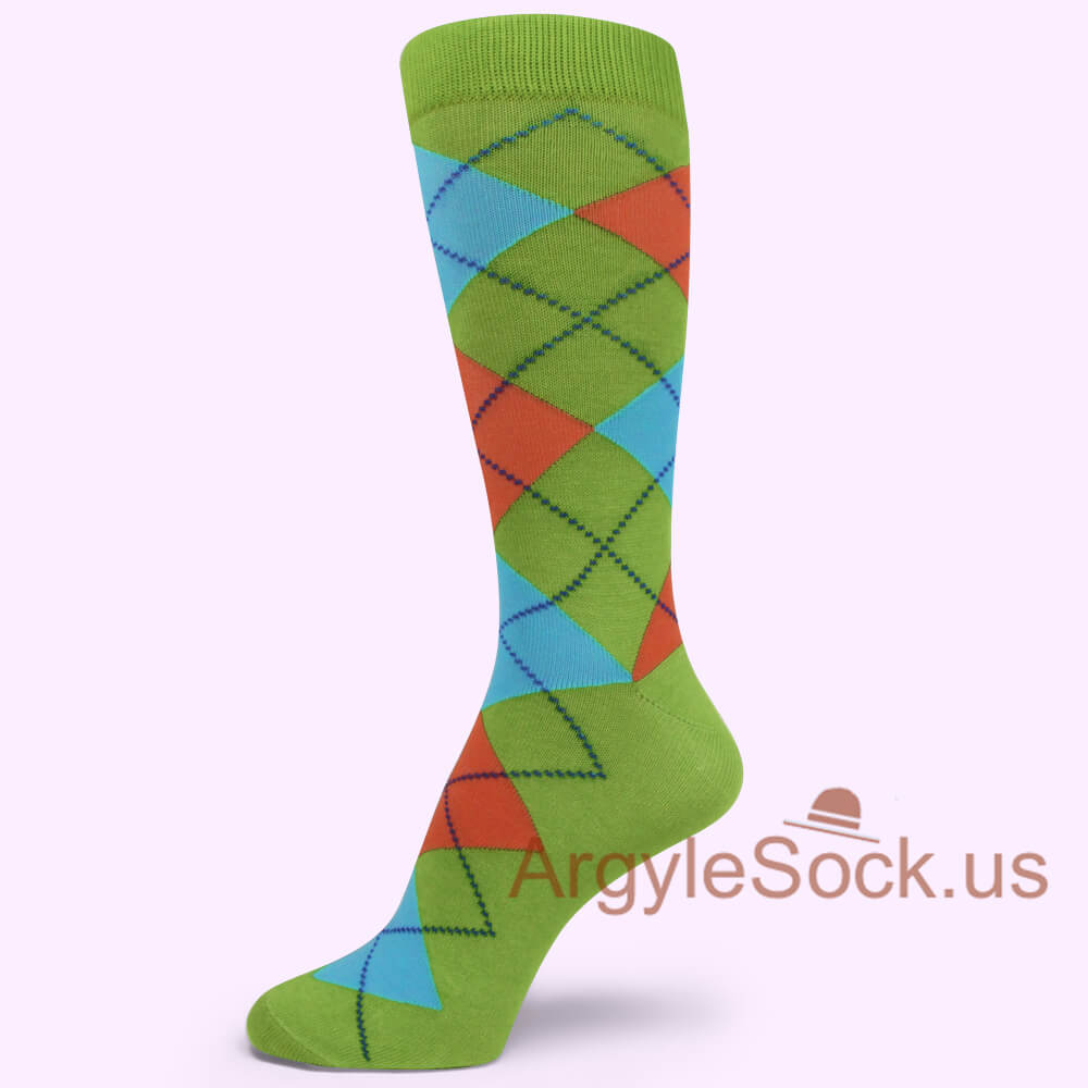 Yellowis Lime Green with Orange and Sky-blue Argyle Sock