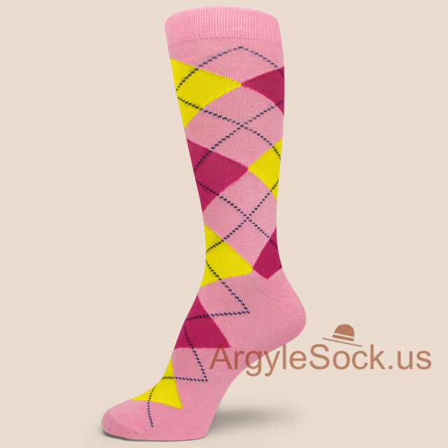 Soft Pink Bright Yellow and Hot Pink Argyle Man's Socks