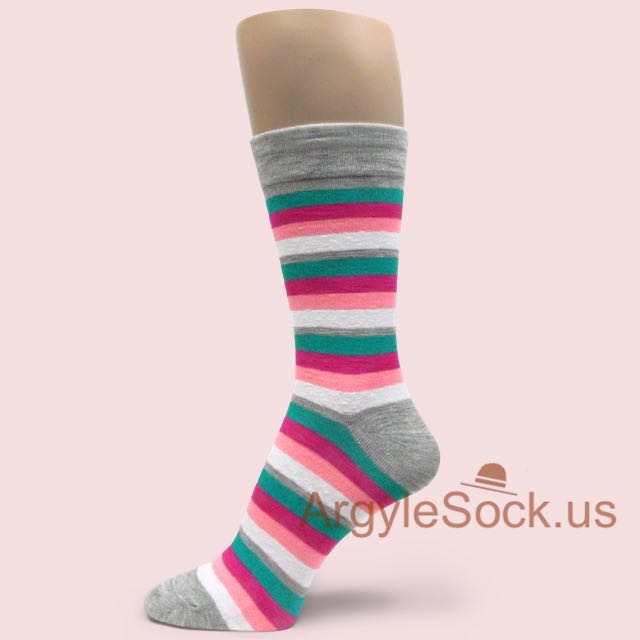 Grey with peach pink teal white Striped Men's Cool Socks
