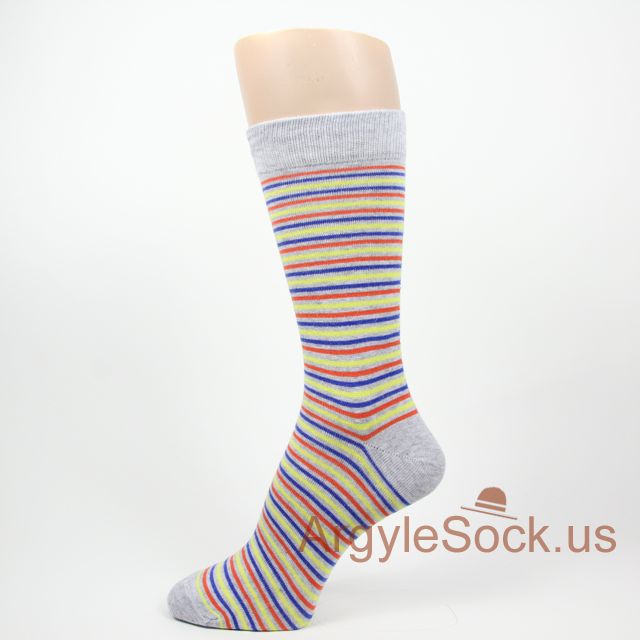 Thin Colorful Striped Man's Gray Grey Dress Socks