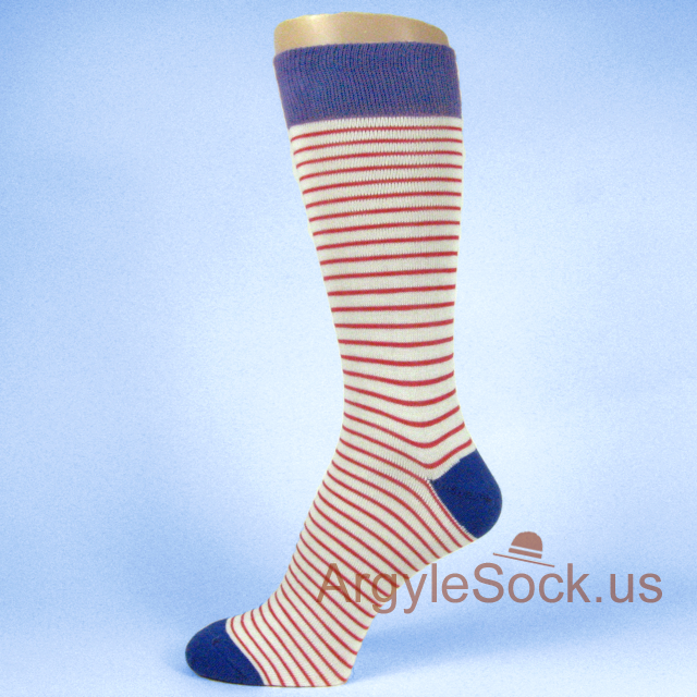 Thin Red Stripes White Socks for Men with Blue Toe & Heel