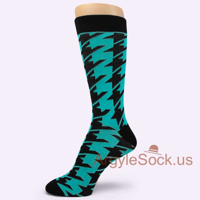 Turquoise/Teal/Bright Blue Black Large Houndstooth Man's Socks