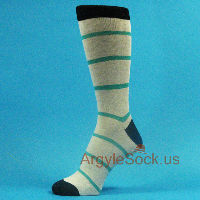Light Grey w/ Turquoise Stripes & Navy Toe &Welt Mans Dress Sock