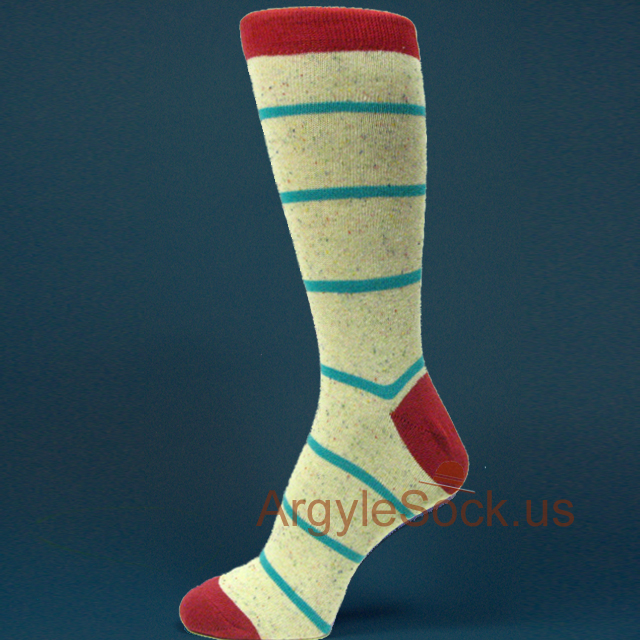 Turquoise Striped Off-White Heather Socks w Red Toe, Heel & Welt