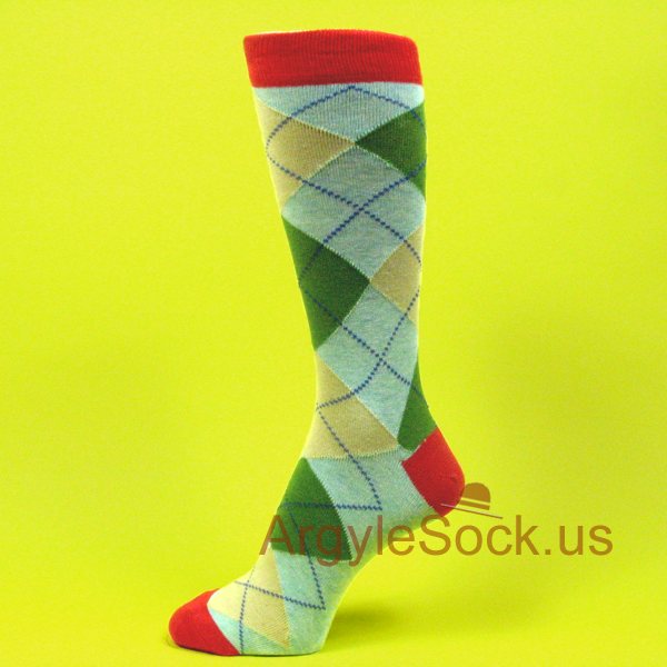 Very Light Aqua Blue with Beige and Red Argyle Socks for Men